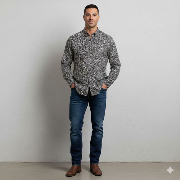 ID One Men’s 2XL Button Up Shirt Black White Floral Abstract Long Sleeve - Picture 1 of 16
